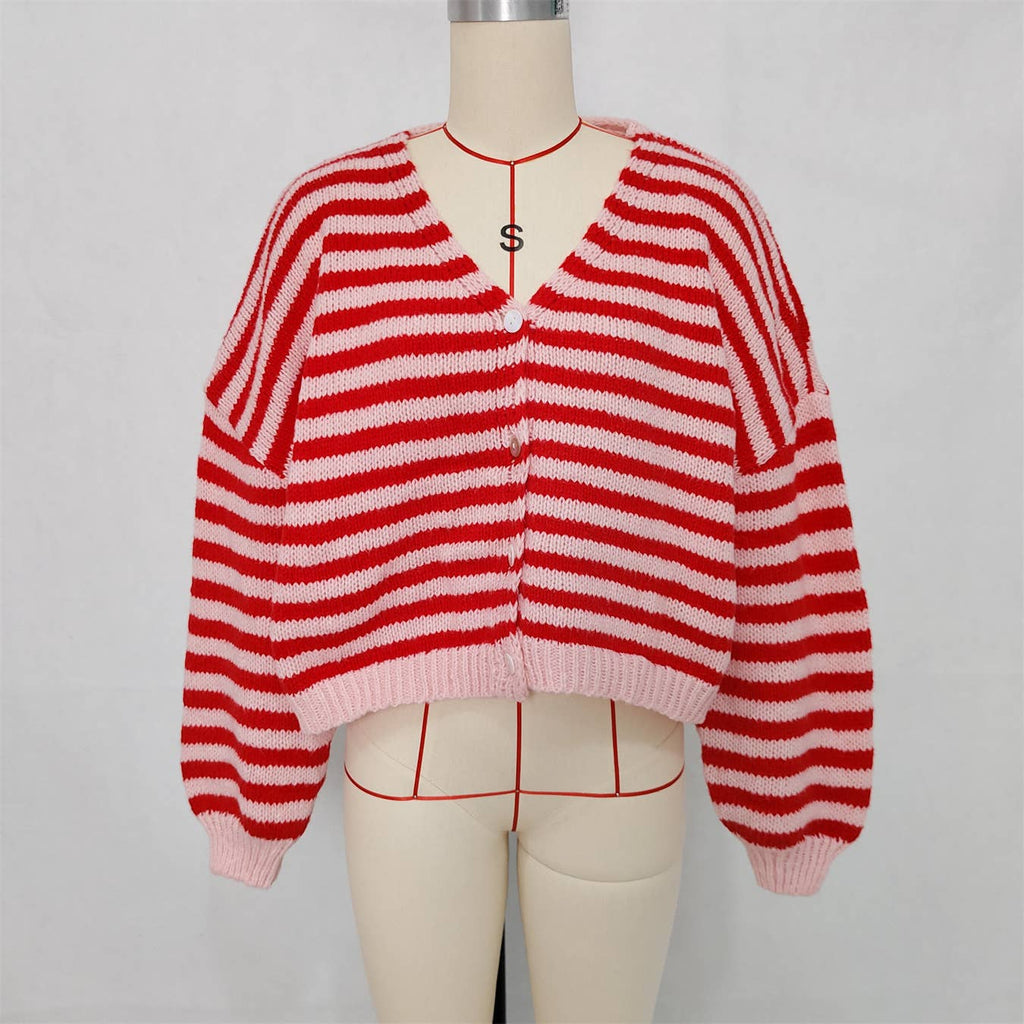 Lässige Colorblock V-Ausschnitt Gestreifte Strickjacke: Pink / L