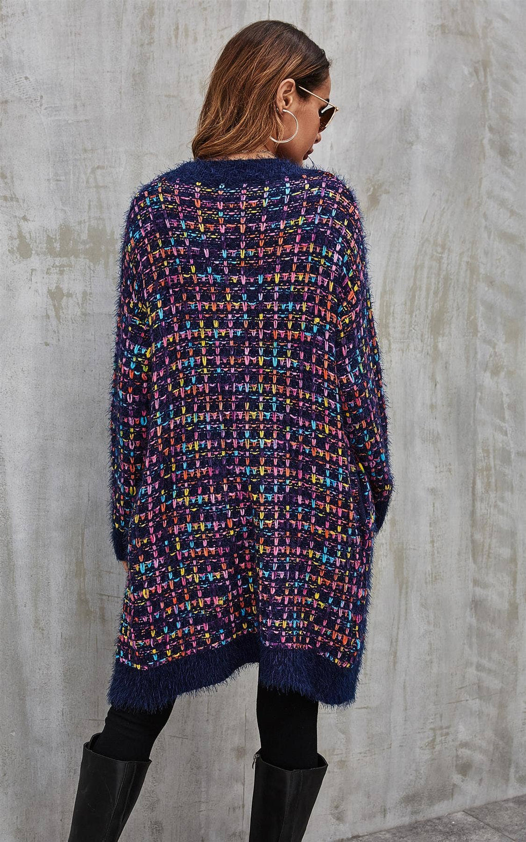 Rosa Mix Mehrfarbige Sprenkel Bouclé-Karo-Cardigan in Marineblau