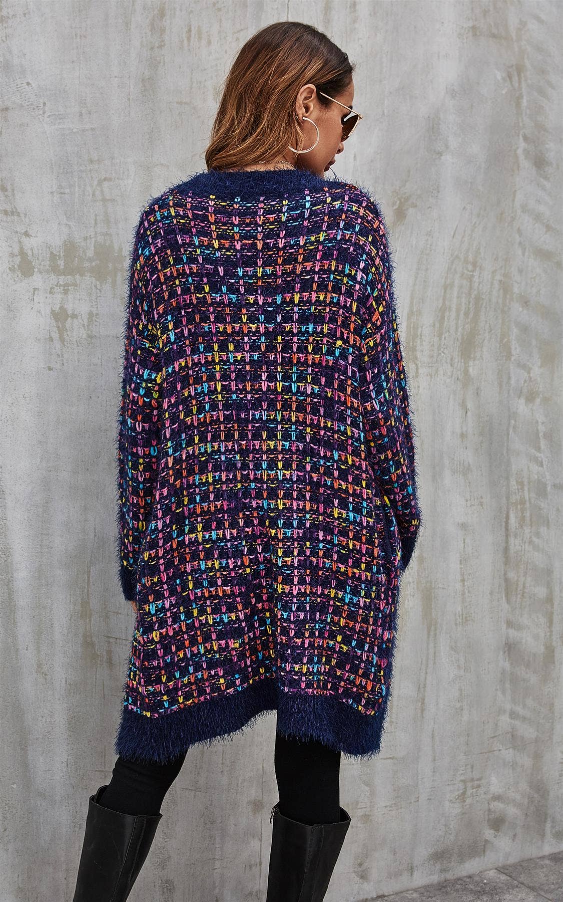 Rosa Mix Mehrfarbige Sprenkel Bouclé-Karo-Cardigan in Marineblau