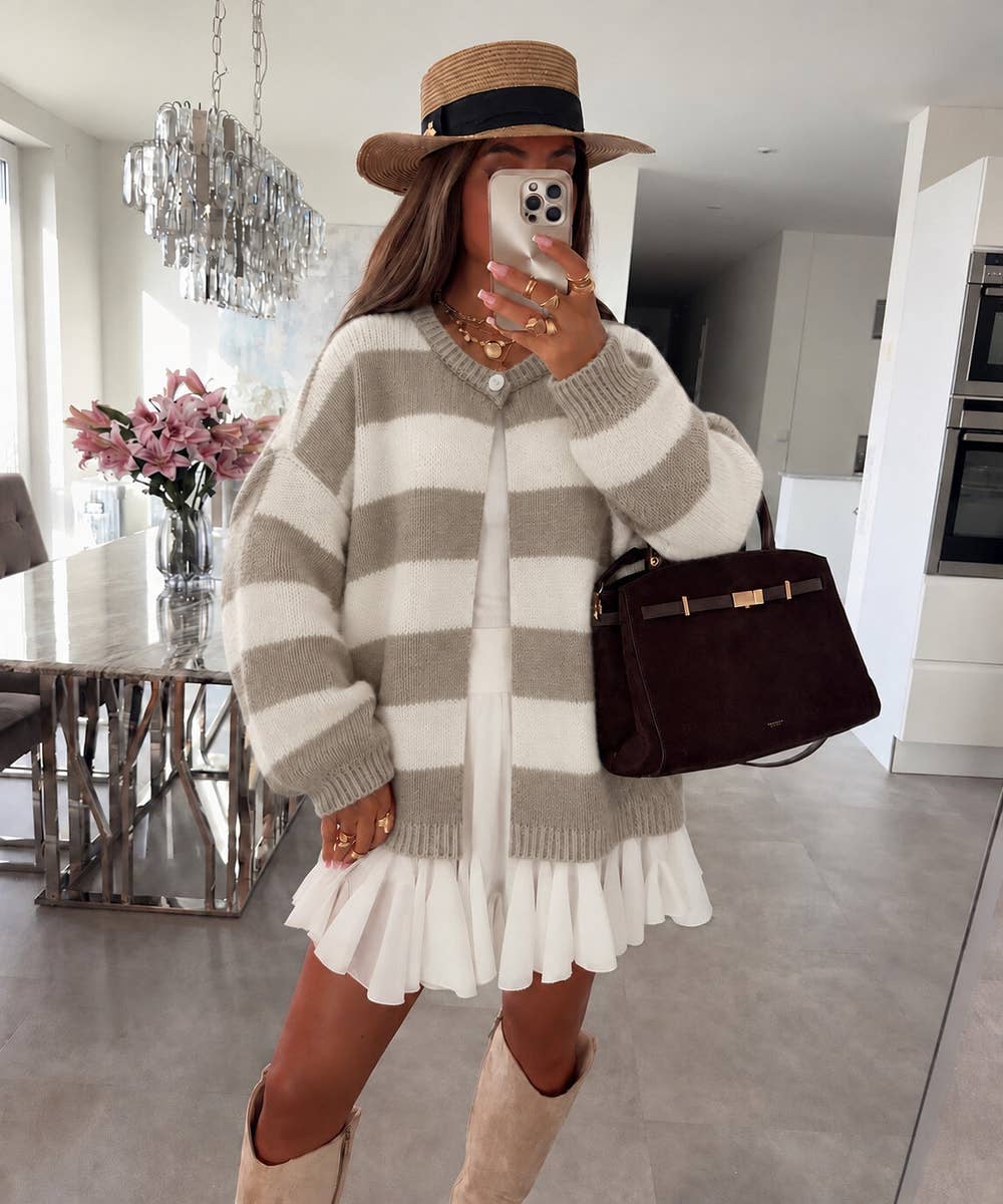 Oversize-Gilet aus gestreifter Wolle mit Knopf: Rosa