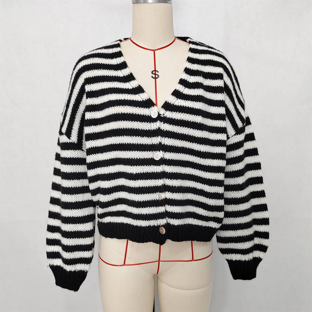 Lässige Colorblock V-Ausschnitt Gestreifte Strickjacke: Pink / L