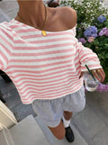 Mühelos schickes schulterfreies Stricktop mit kontrastierenden Streifen: Pink / S