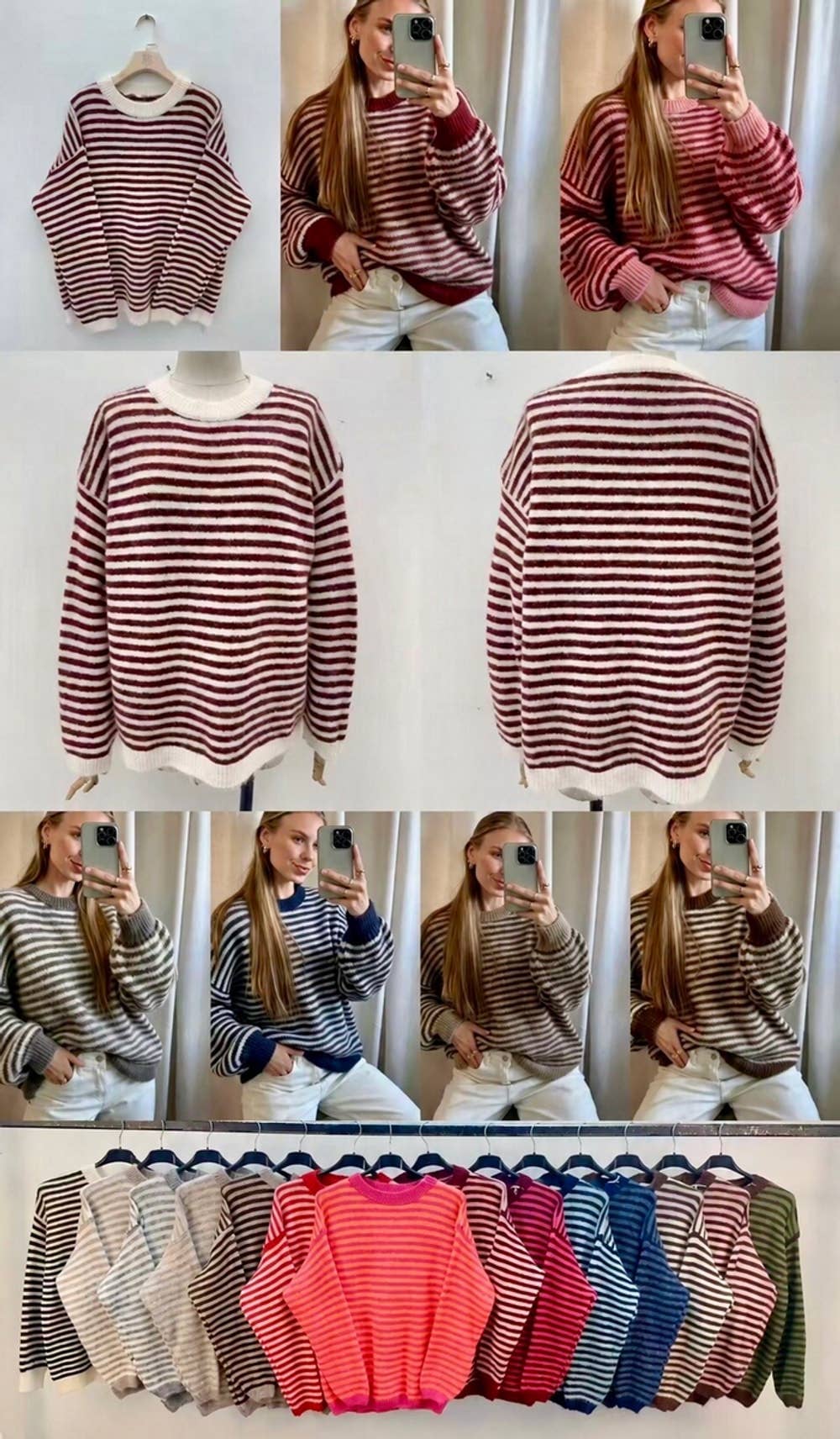 Oversize-gestreifter Pullover aus weicher Wollmischung: Khaki