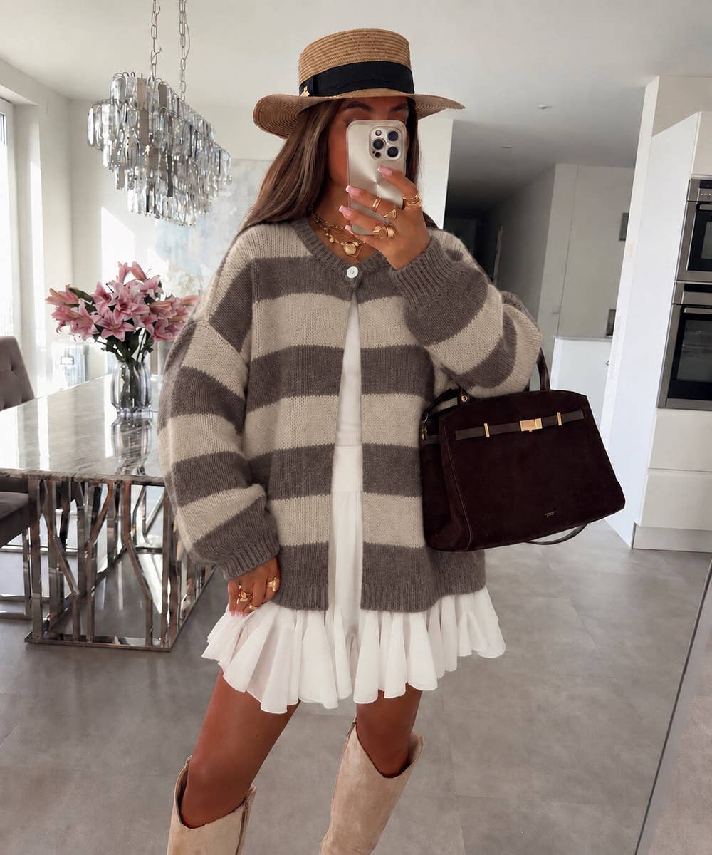 Oversize-Gilet aus gestreifter Wolle mit Knopf: Braun