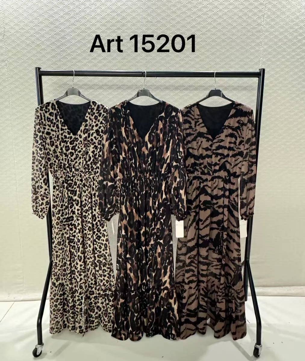Langes Kleid mit V‑Ausschnitt, Print, Schlitz und elastischem Bund: Schwarz