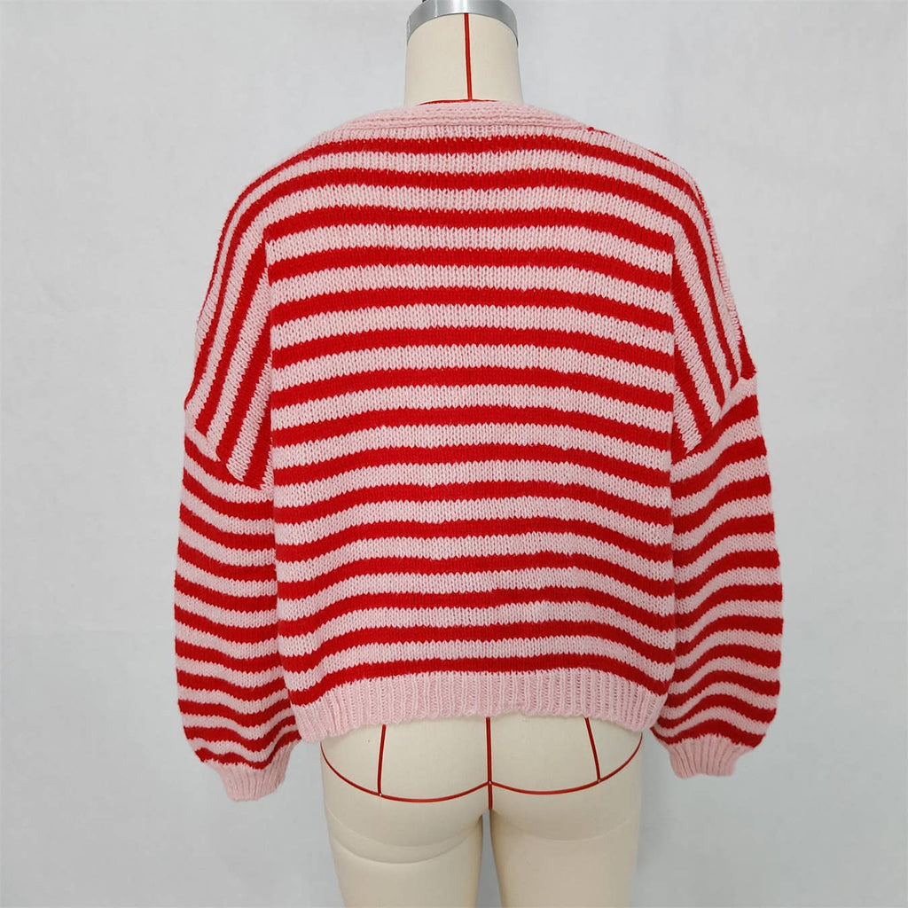 Lässige Colorblock V-Ausschnitt Gestreifte Strickjacke: Pink / L