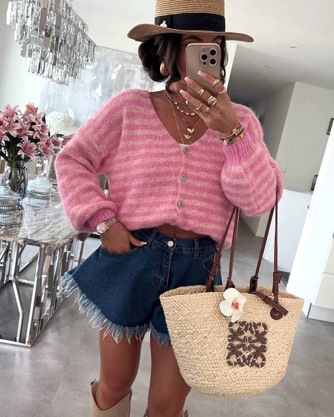 Lässige Colorblock V-Ausschnitt Gestreifte Strickjacke: Pink / L