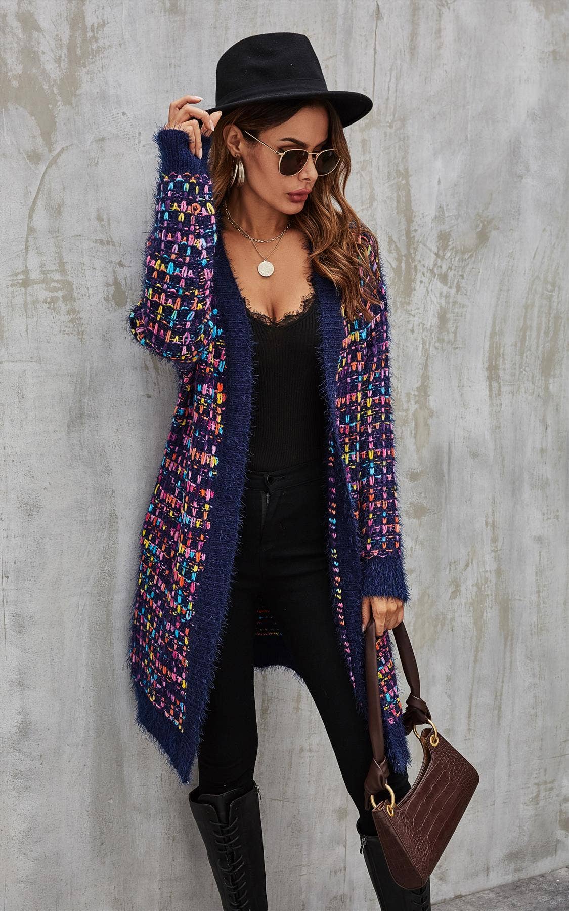 Rosa Mix Mehrfarbige Sprenkel Bouclé-Karo-Cardigan in Marineblau