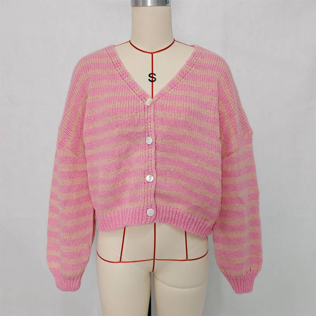 Lässige Colorblock V-Ausschnitt Gestreifte Strickjacke: Pink / L