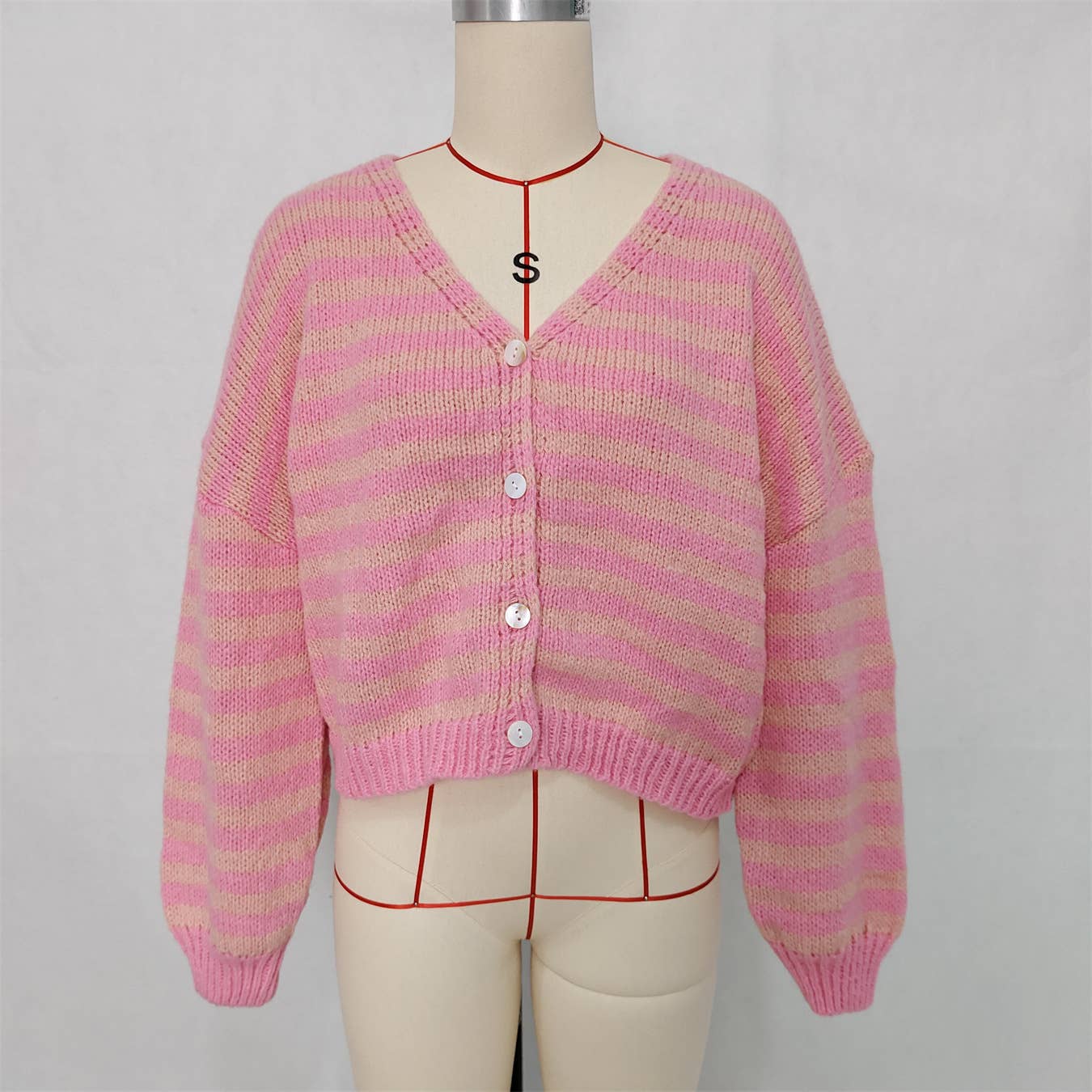Lässige Colorblock V-Ausschnitt Gestreifte Strickjacke: Pink / L