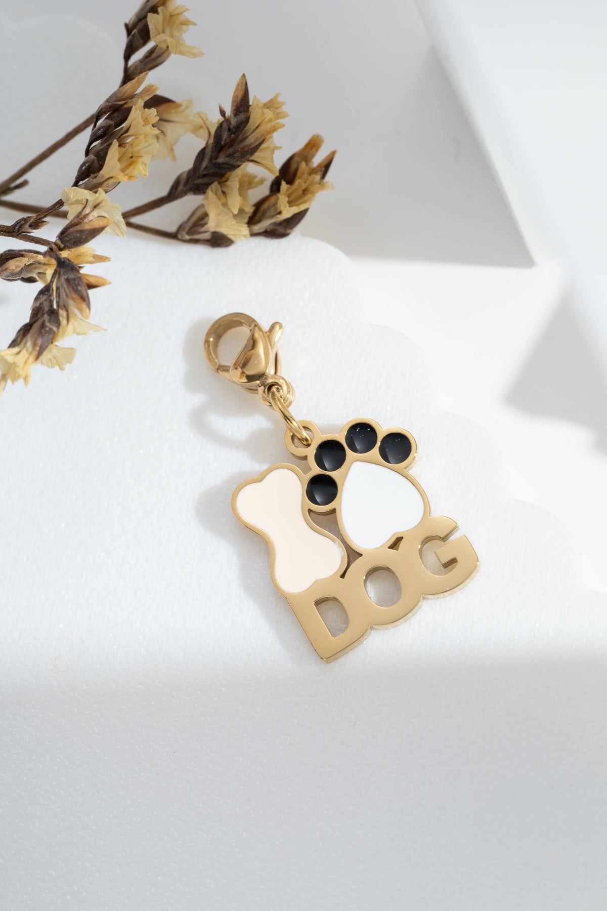 Charm DOG vergoldet emailliert – Edelstahl, Motiv Knochen und Pfote