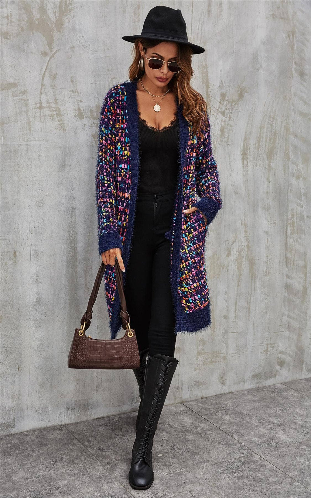 Rosa Mix Mehrfarbige Sprenkel Bouclé-Karo-Cardigan in Marineblau