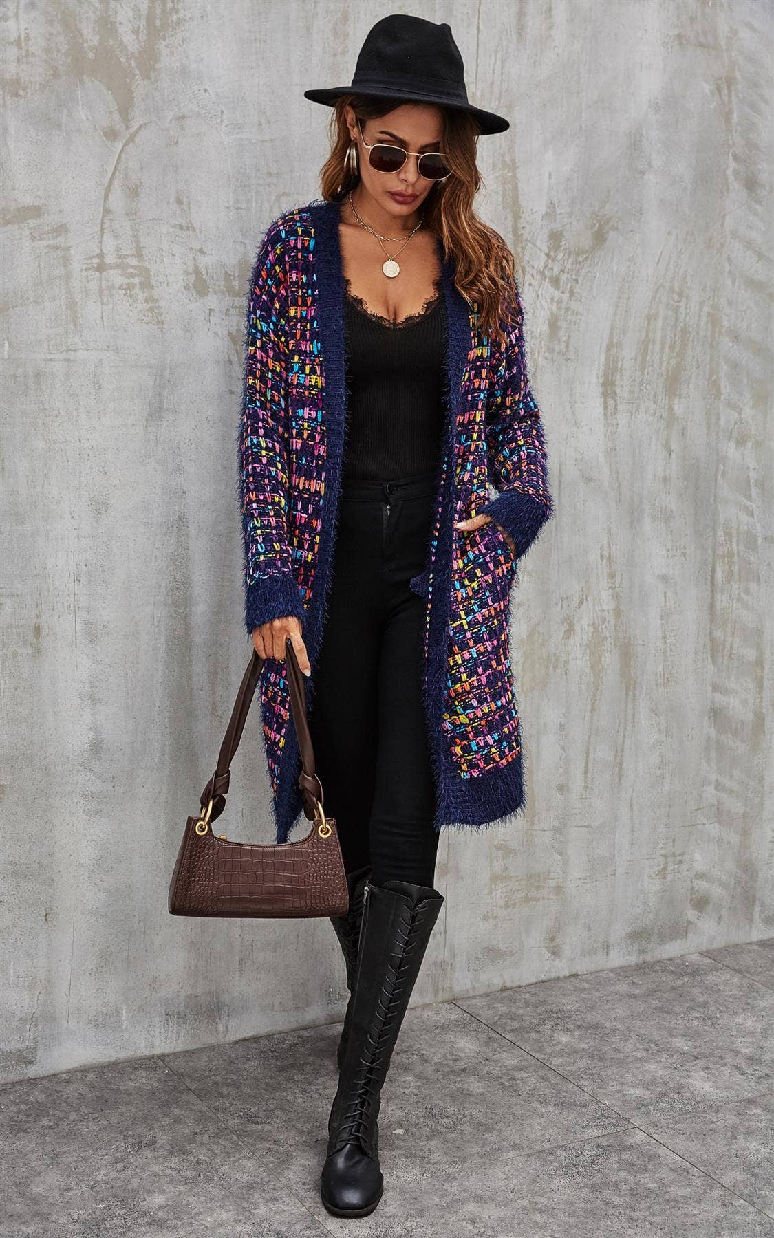 Rosa Mix Mehrfarbige Sprenkel Bouclé-Karo-Cardigan in Marineblau