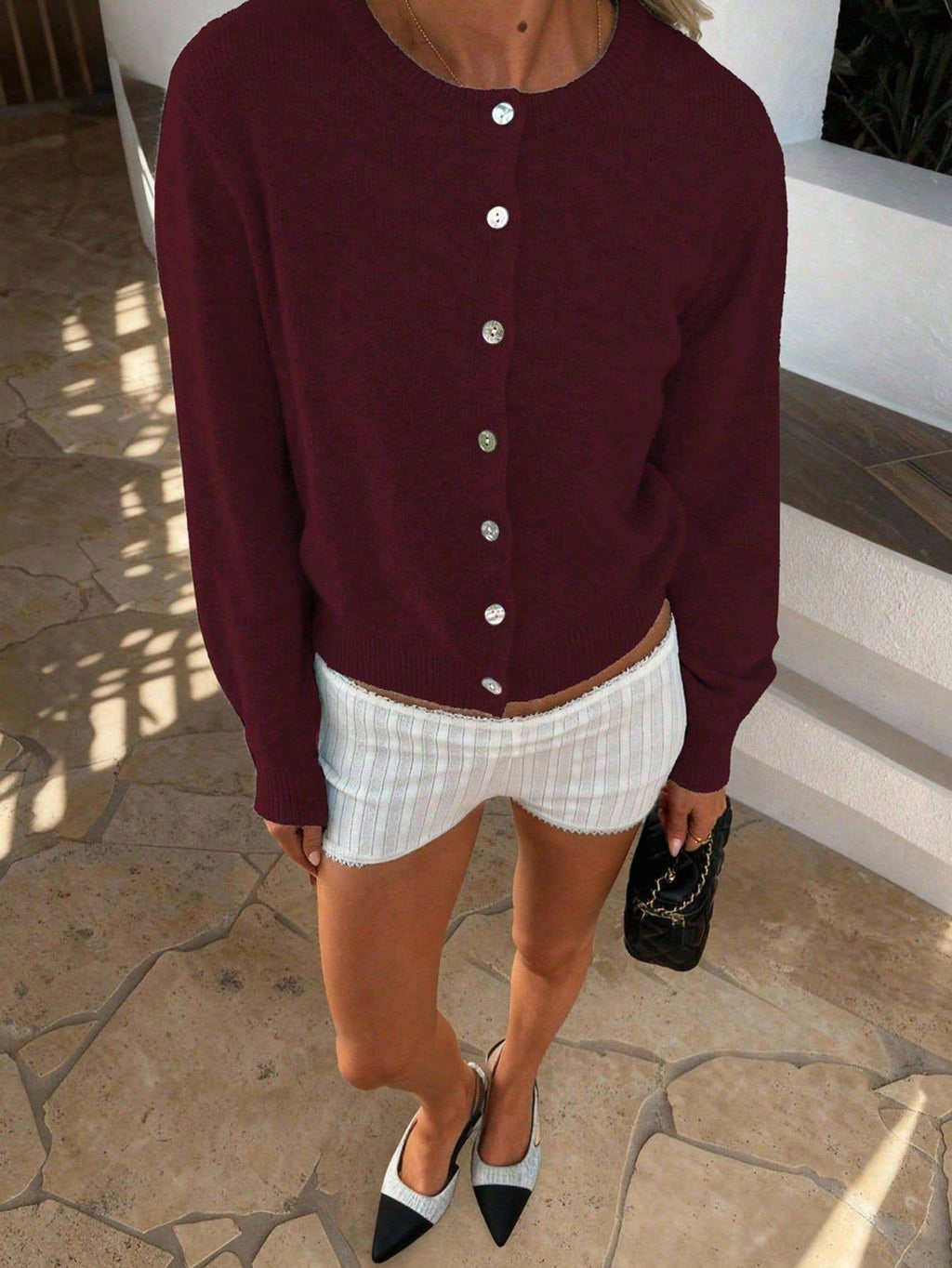 Minimalismus Casual Chic Rundhals-Strickpullover/Cardigan: Rosa / L