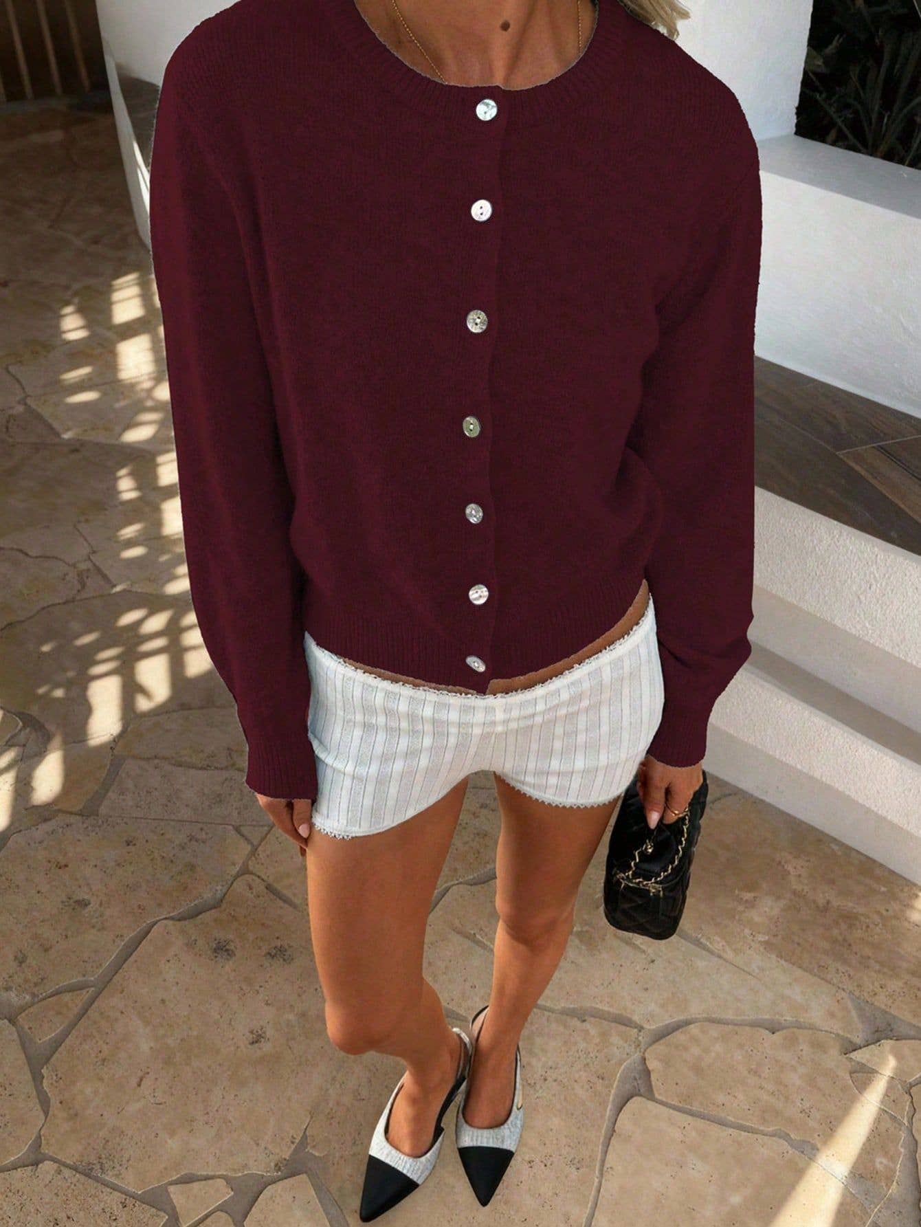 Minimalismus Casual Chic Rundhals-Strickpullover/Cardigan: Rosa / L