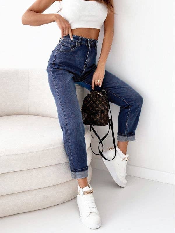 Damen Mom Fit Stretch-Jeans mit hohem Bund: Jean-Blau / 1 X S/3 S/3 M/2 L/1XL