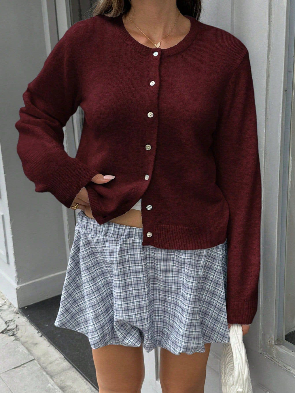 Minimalismus Casual Chic Rundhals-Strickpullover/Cardigan: Rosa / L