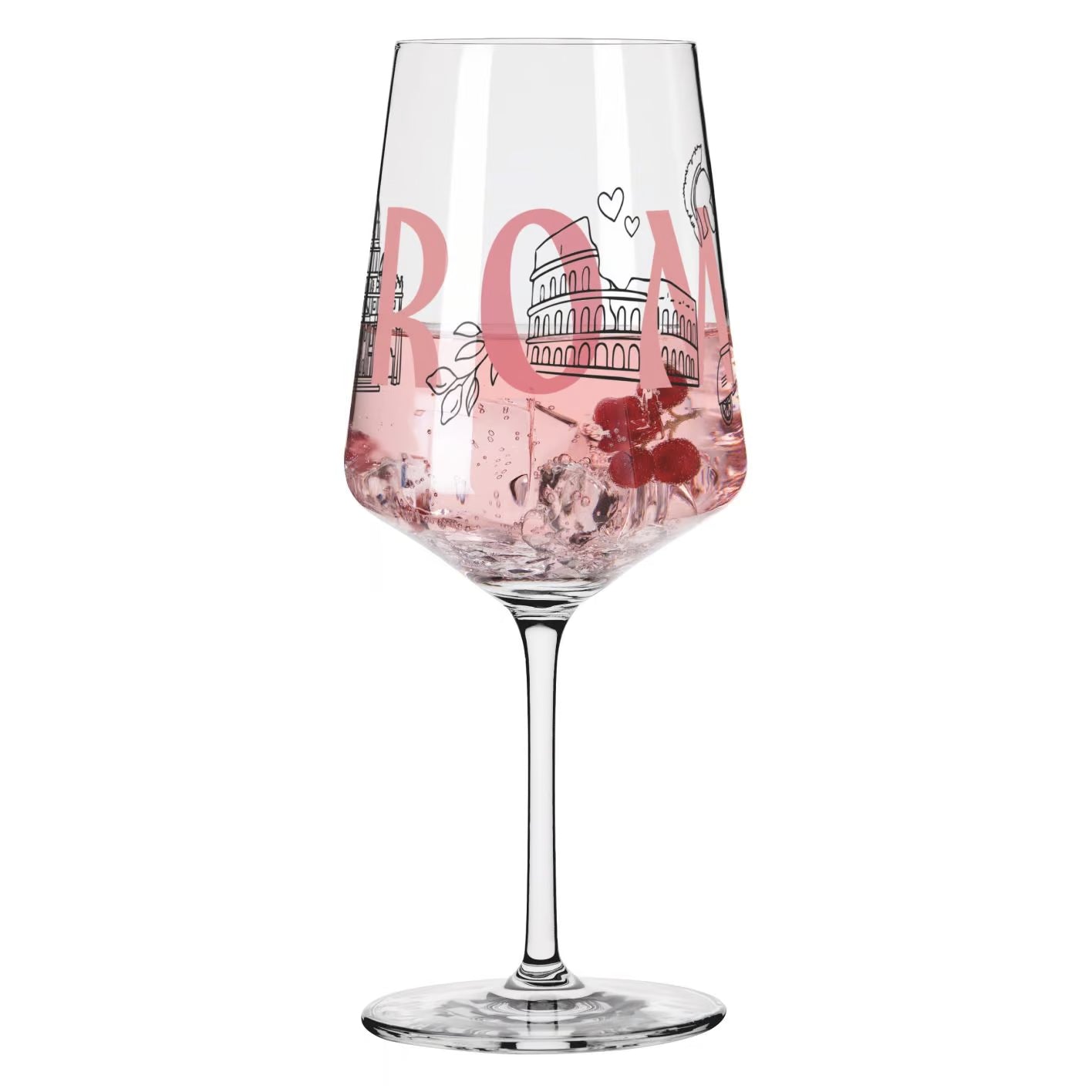 Entdecker Cocktailglas #16 - ROME Motiv gefüllt mit Flüssigkeit, Eisswürfeln und Früchten