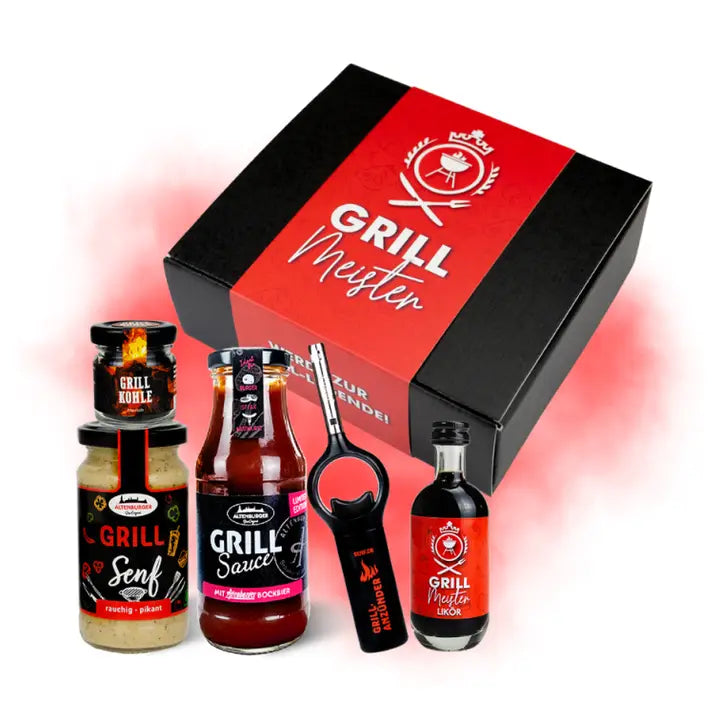 Inhalt der Grillmeister Box mit GrillKohle, GrillSenf, GrillSauce, Grillanzünder und GrillMeisterLikör
