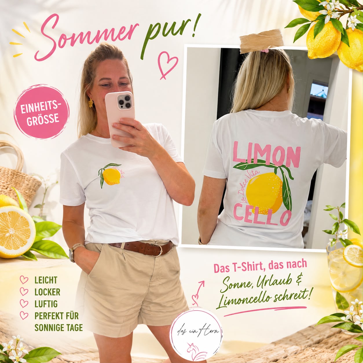 weißes T-Shirt vorne mit einer Zitorne, hinten mit Text "Limon Cello La Dolce Vita" um eine Zitrone.