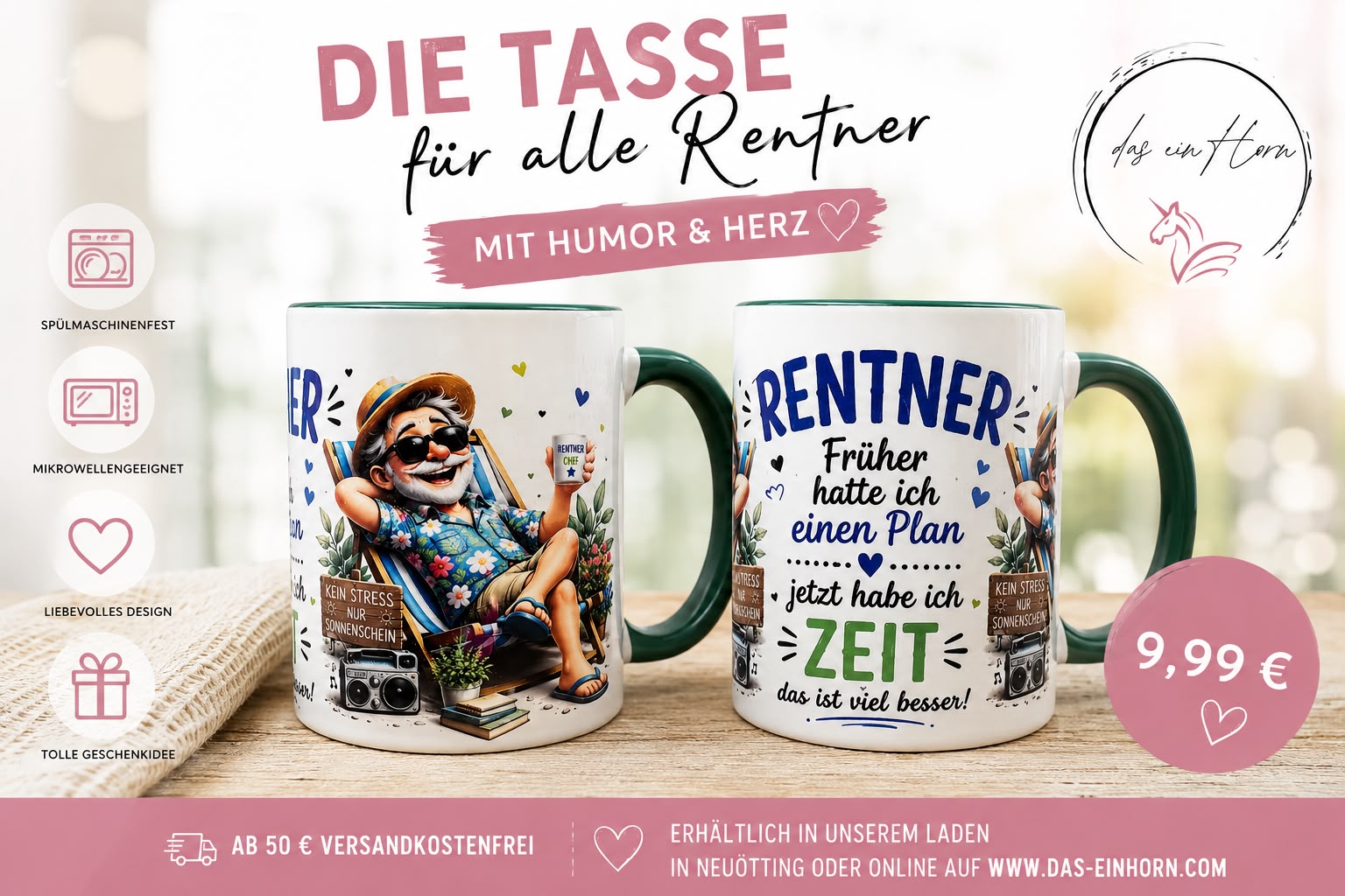 Tasse mit Text: Rentner Früher hatte ich einen Plan jetzt hab ich Zeit das ist viel besser!
Griff und Innen grün. Bilder auf der Tasse ein älterer fröhlicher Mann mit Strohhut, Sonnenbrille und grauem Bart in einem Liegestuhl.