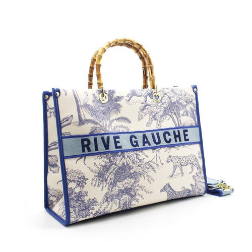 Hand- oder Schultertasche Außenmaterial aus Baumwolle Innenfutter aus Polyester Stickerei „RIVE GAUCHE“ auf der Tasche Bambusgriffe Abnehmbarer und verstellbarer Schultergurt.