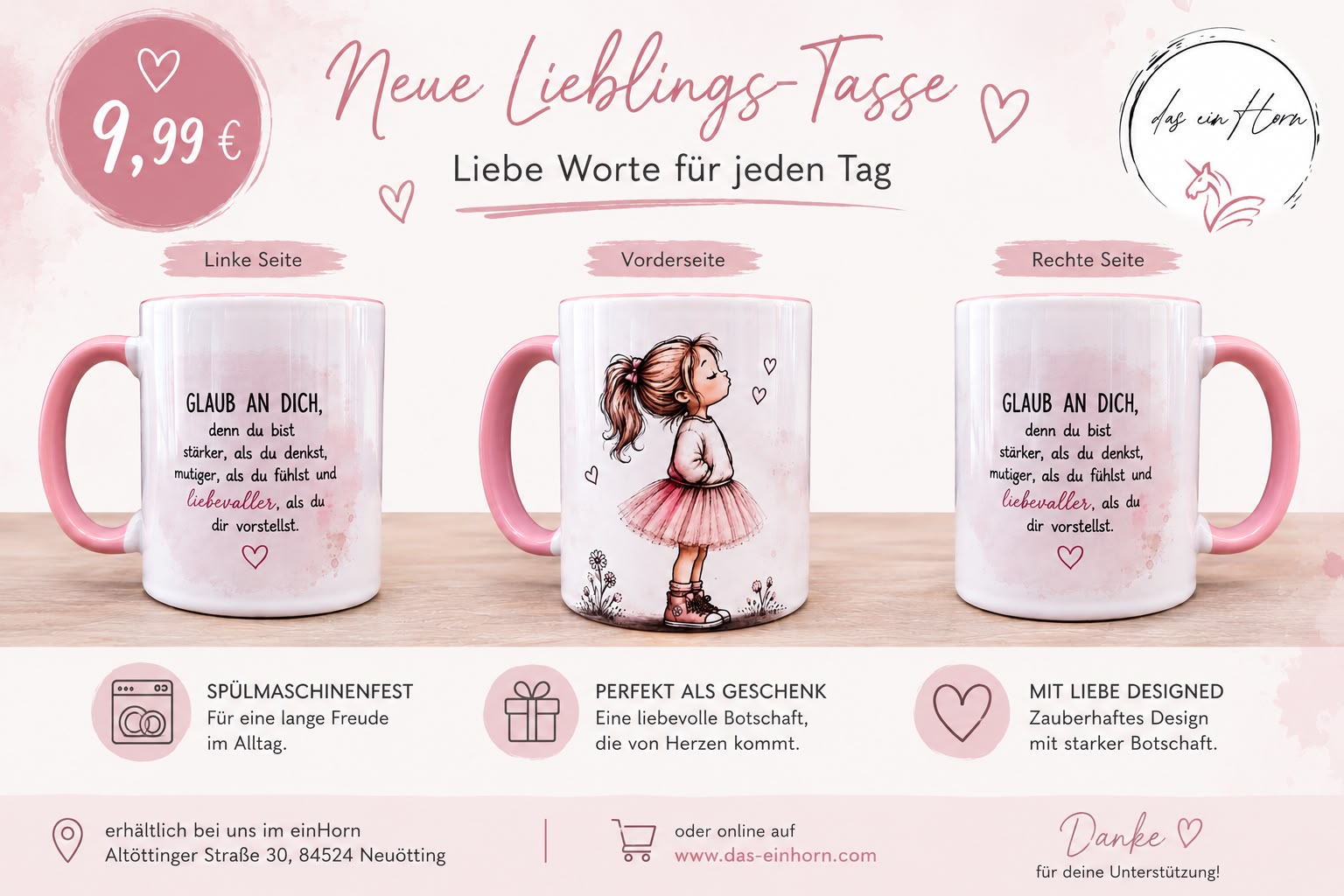 Griff und Innenseite sind rosa. Text rechts und links: "Glaub an Dich denn Du bist stärker, als du denkst, mutiger, als du fühlst und liebevoller, als du dir vorstellst. Bild ein junges Mädchen mit Pulli und rosa Rock. Es blickt nach leicht nach oben als würde es die Sonne genießen.