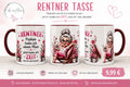 Eine fröhliche Rentnerin mit grauen Haaren mit Buch in einem Liegestuhl vor ein Paar Blumen.
Text "Rentner - Früher hatte ich einen Plan - jetzt habe ich Zeit - das ist viel besser!
