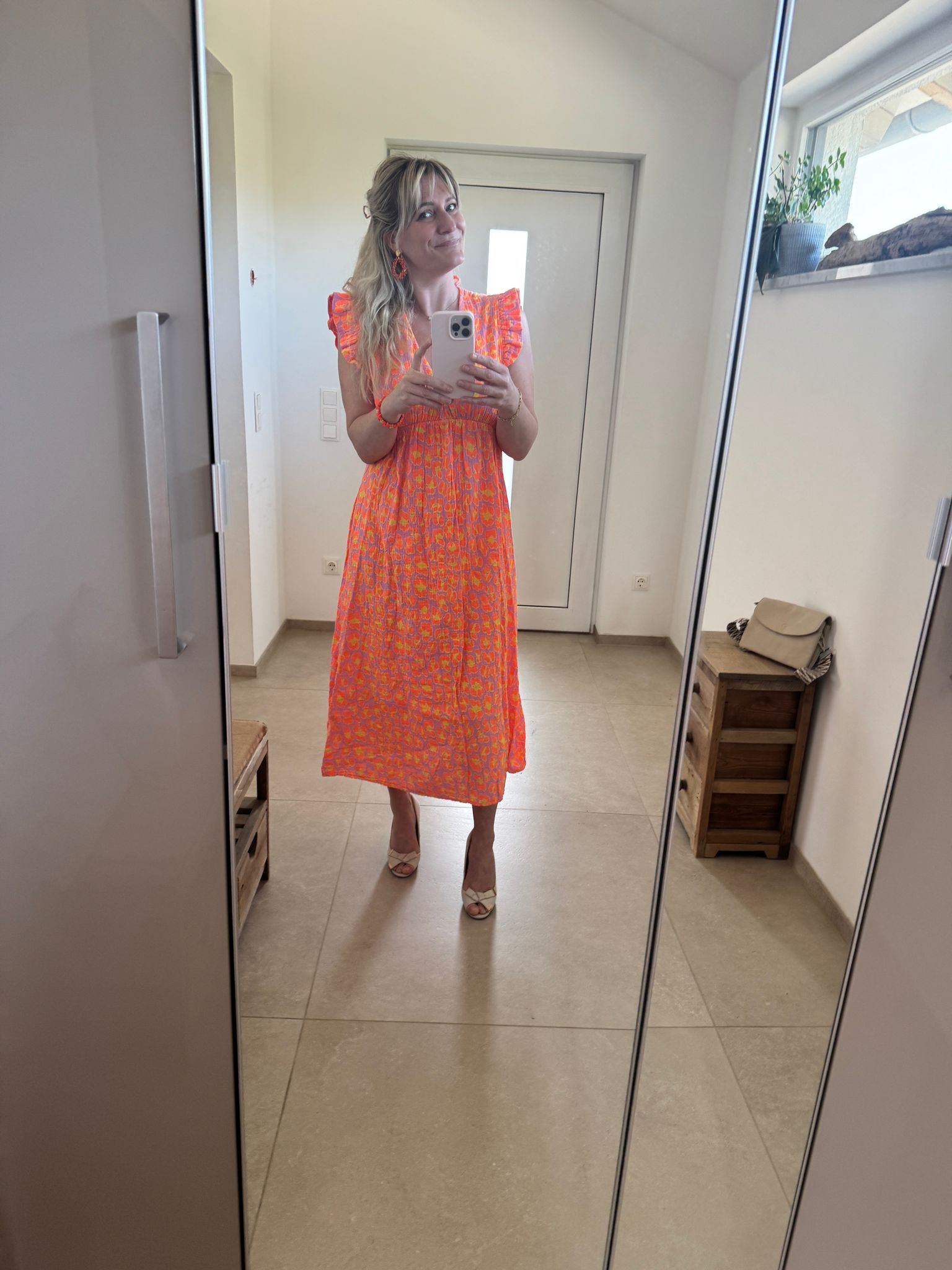 Musselinkleid getupft in Pink/Orange