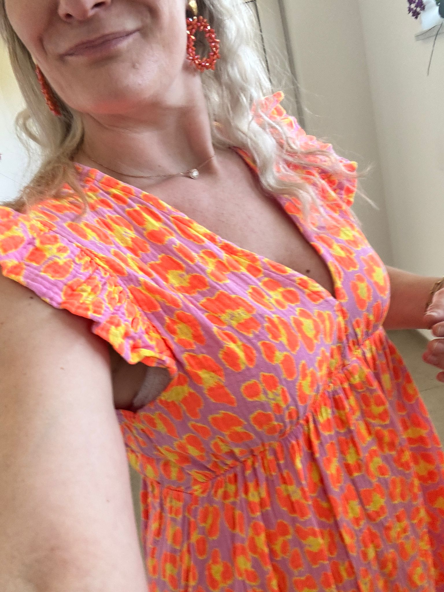 Musselinkleid getupft in Pink/Orange