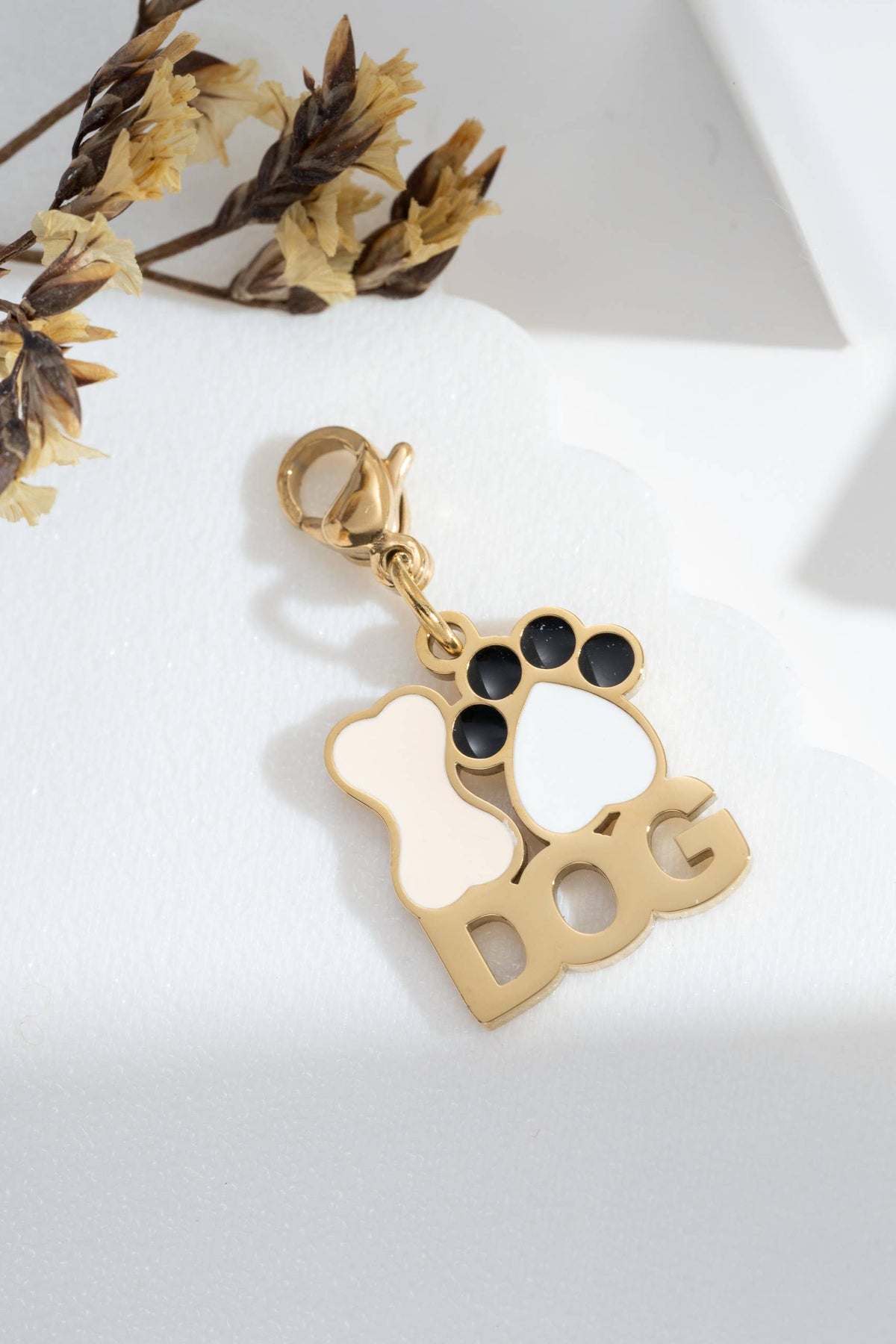 Charm DOG vergoldet emailliert – Edelstahl, Motiv Knochen und Pfote
