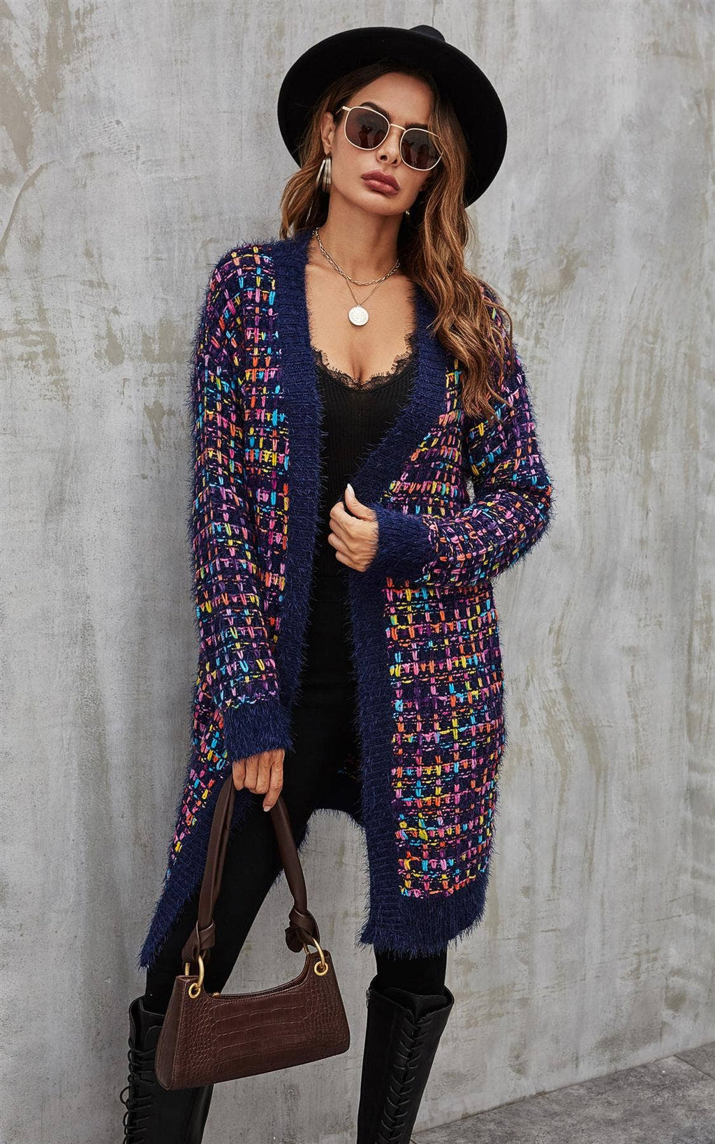 Rosa Mix Mehrfarbige Sprenkel Bouclé-Karo-Cardigan in Marineblau