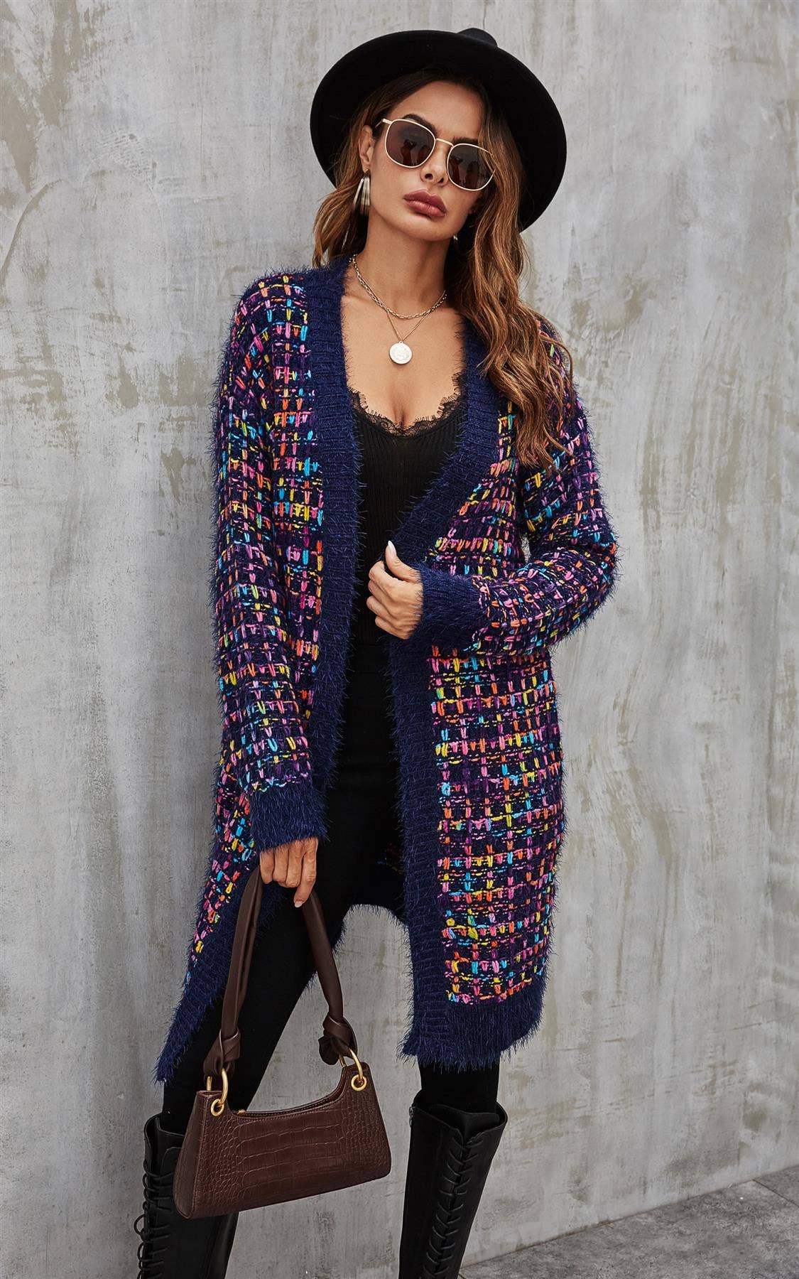 Rosa Mix Mehrfarbige Sprenkel Bouclé-Karo-Cardigan in Marineblau