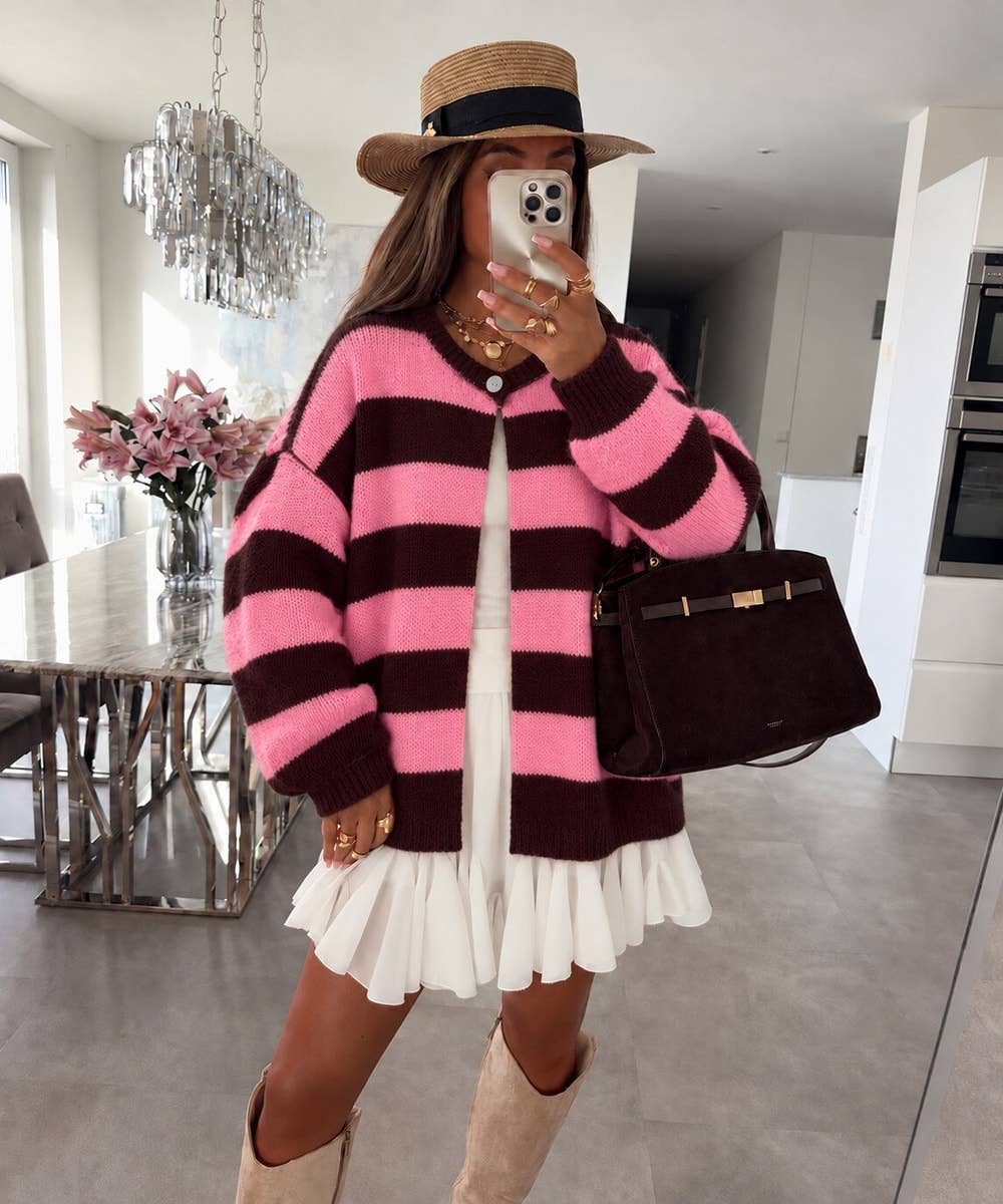 Oversize-Gilet aus gestreifter Wolle mit Knopf: Braun