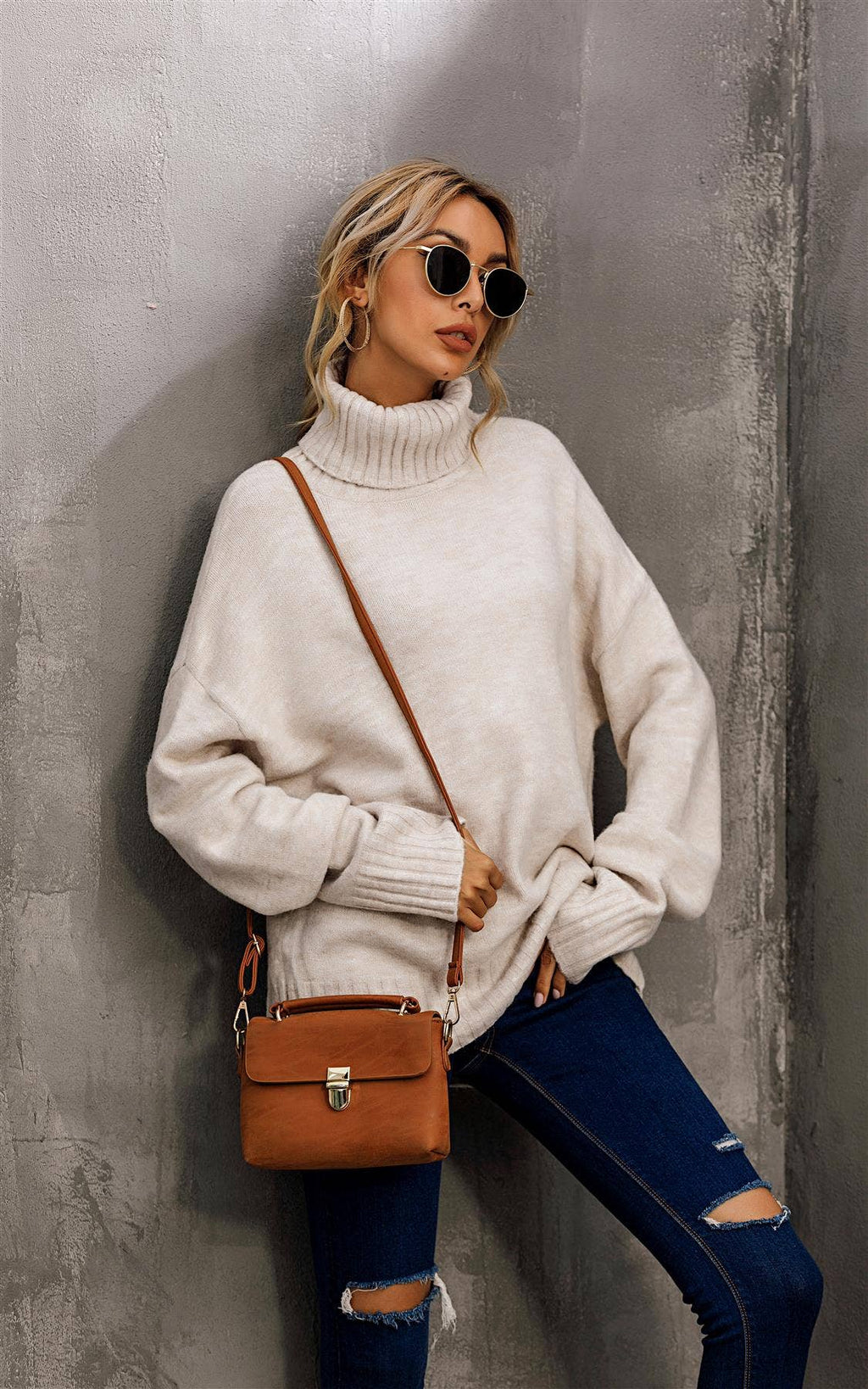 Jumper-Top mit hohem Kragen in Creme: Eine Grösse