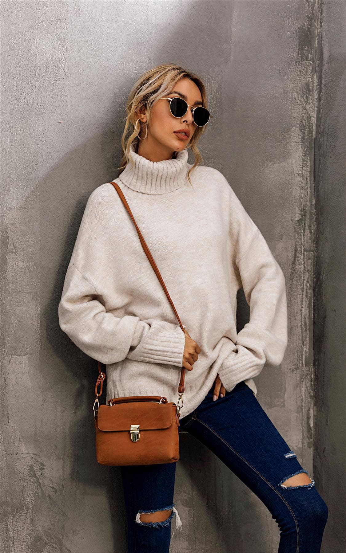 Jumper-Top mit hohem Kragen in Creme: Eine Grösse