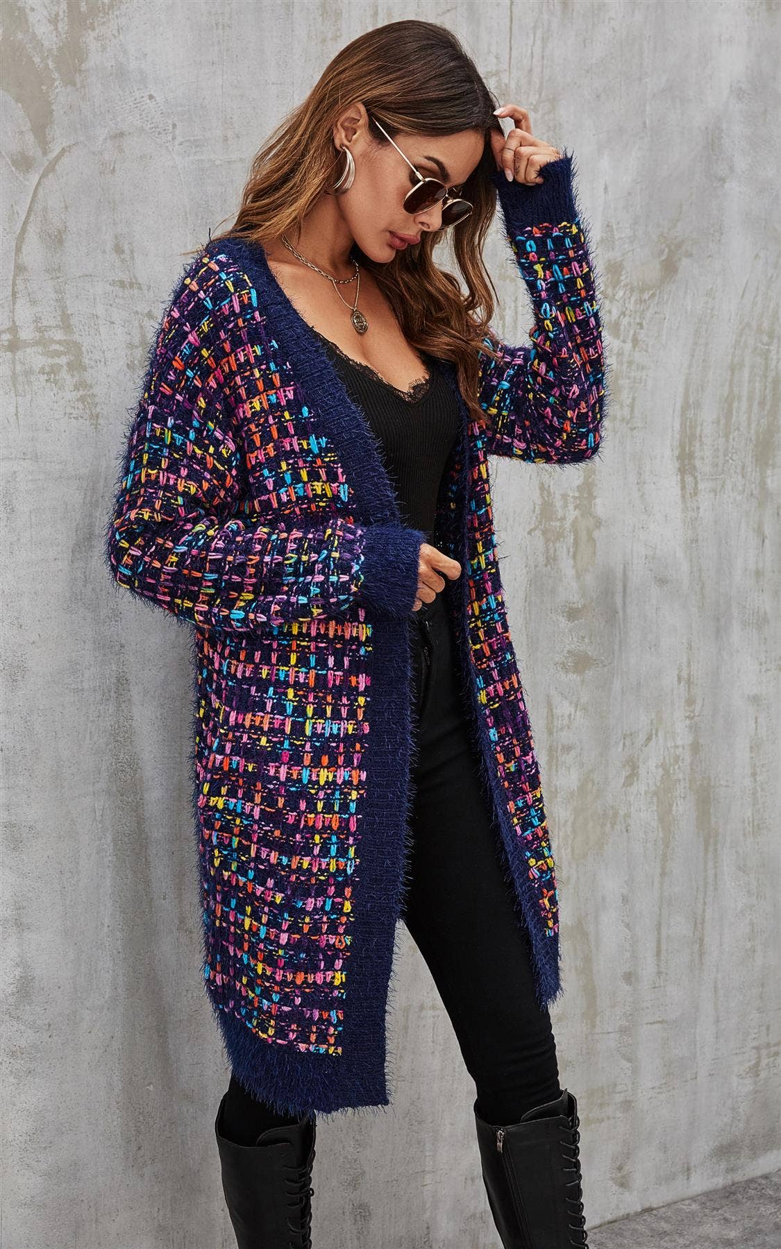Rosa Mix Mehrfarbige Sprenkel Bouclé-Karo-Cardigan in Marineblau