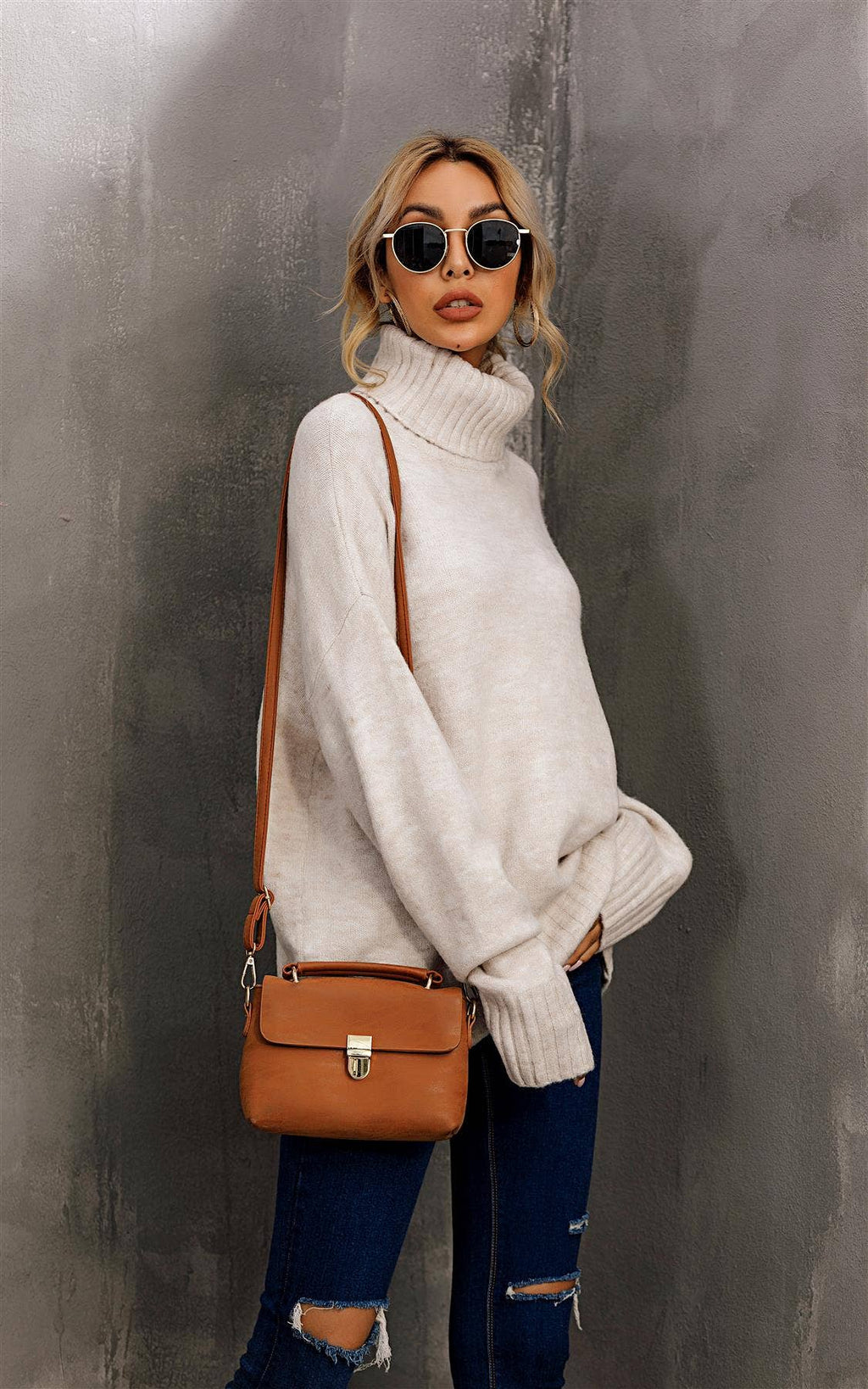 Jumper-Top mit hohem Kragen in Creme: Eine Grösse